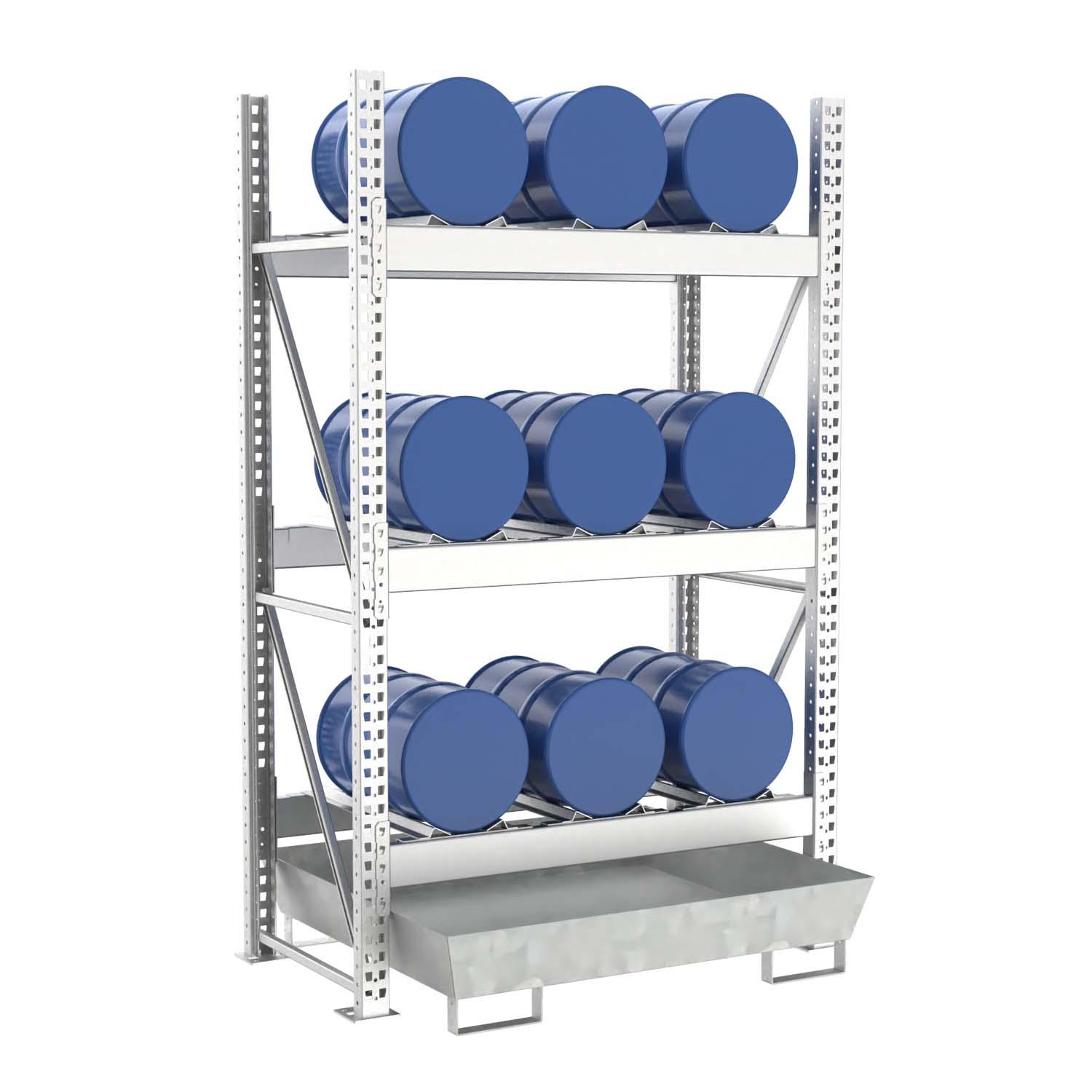 Fassregal mit Stahlauffangwanne, Grundeinheit, 3 Ebenen, 9 x 60 l liegend