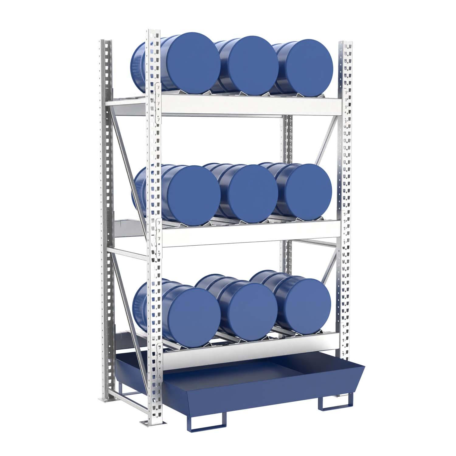 Fassregal mit lackierter Stahlauffangwanne, Grundeinheit, 3 Ebenen, 9 x 60 l liegend