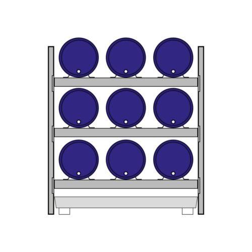 Fassregal mit Stahlauffangwanne, Grundeinheit, 3 Ebenen, 9 x 200 l liegend