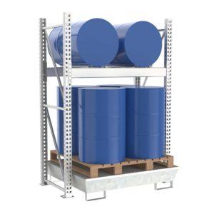 Stapelregal mit Auffangwanne aus GFK für 2 x 200 l Fässer und Kleingebinde Fass-Stapelregale Produktbild Fassregal mit Stahlauffangwanne, Grundeinheit, 2 Ebenen, 2 x 200 l liegend / 4 x 200 l stehend