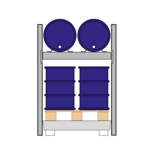 Fassregal mit Stahlauffangwanne, Grundeinheit, 2 Ebenen, 2 x 200 l liegend / 4 x 200 l stehend