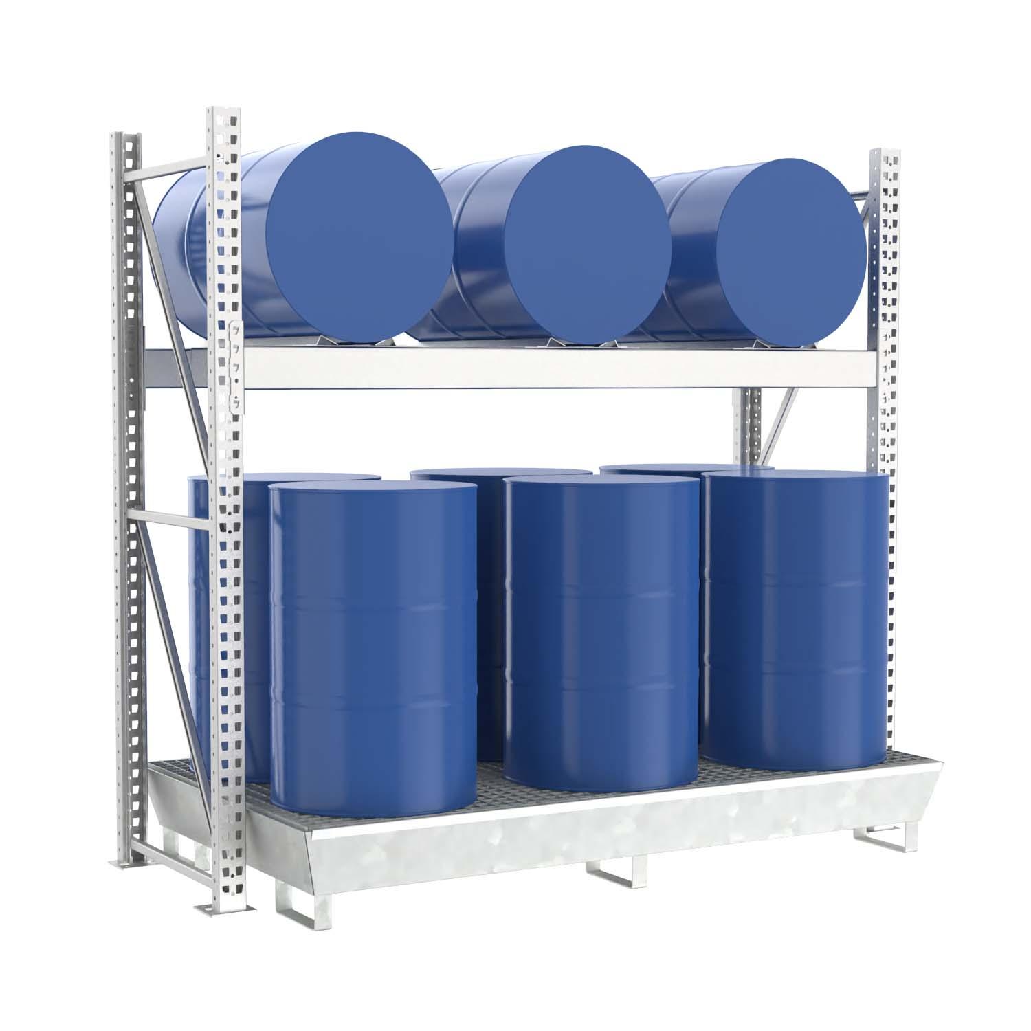 Fassregal mit Stahlauffangwanne, Grundeinheit, 2 Ebenen, 3 x 200 l liegend / 6 x 200 l stehend