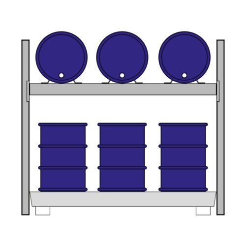 Fassregal mit Stahlauffangwanne, Grundeinheit, 2 Ebenen, 3 x 200 l liegend / 6 x 200 l stehend