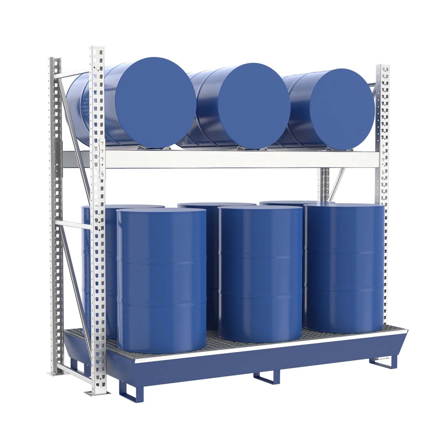 Fassregal mit lackierter Stahlauffangwanne, Grundeinheit, 2 Ebenen, 3 x 200 l liegend / 6 x 200 l stehend