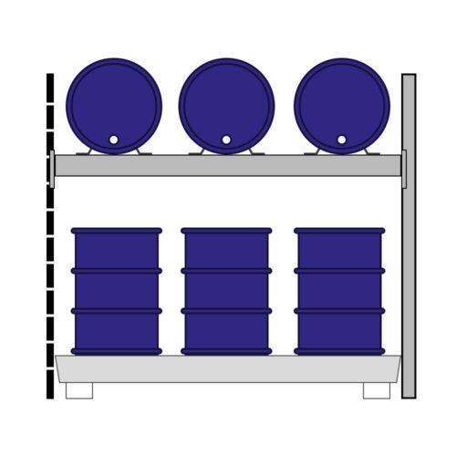 Fassregal mit Stahlauffangwanne, Anbaueinheit, 2 Ebenen, 3 x 200 l liegend / 6 x 200 l stehend