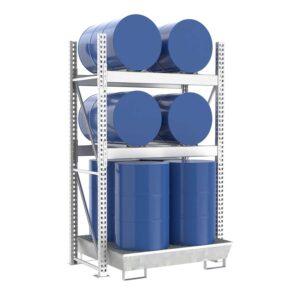 Stapelregal mit Auffangwanne aus GFK für 2 x 200 l Fässer und Kleingebinde Fass-Stapelregale Produktbild Fassregal mit Stahlauffangwanne, Grundeinheit, 3 Ebenen, 4 x 200 l liegend / 4 x 200 l stehend