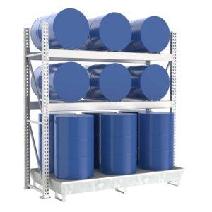 Stapelregal mit Auffangwanne aus GFK für 2 x 200 l Fässer und Kleingebinde Fass-Stapelregale Produktbild Fassregal mit Stahlauffangwanne, Grundeinheit, 3 Ebenen, 6 x 200 l liegend / 6 x 200 l stehend