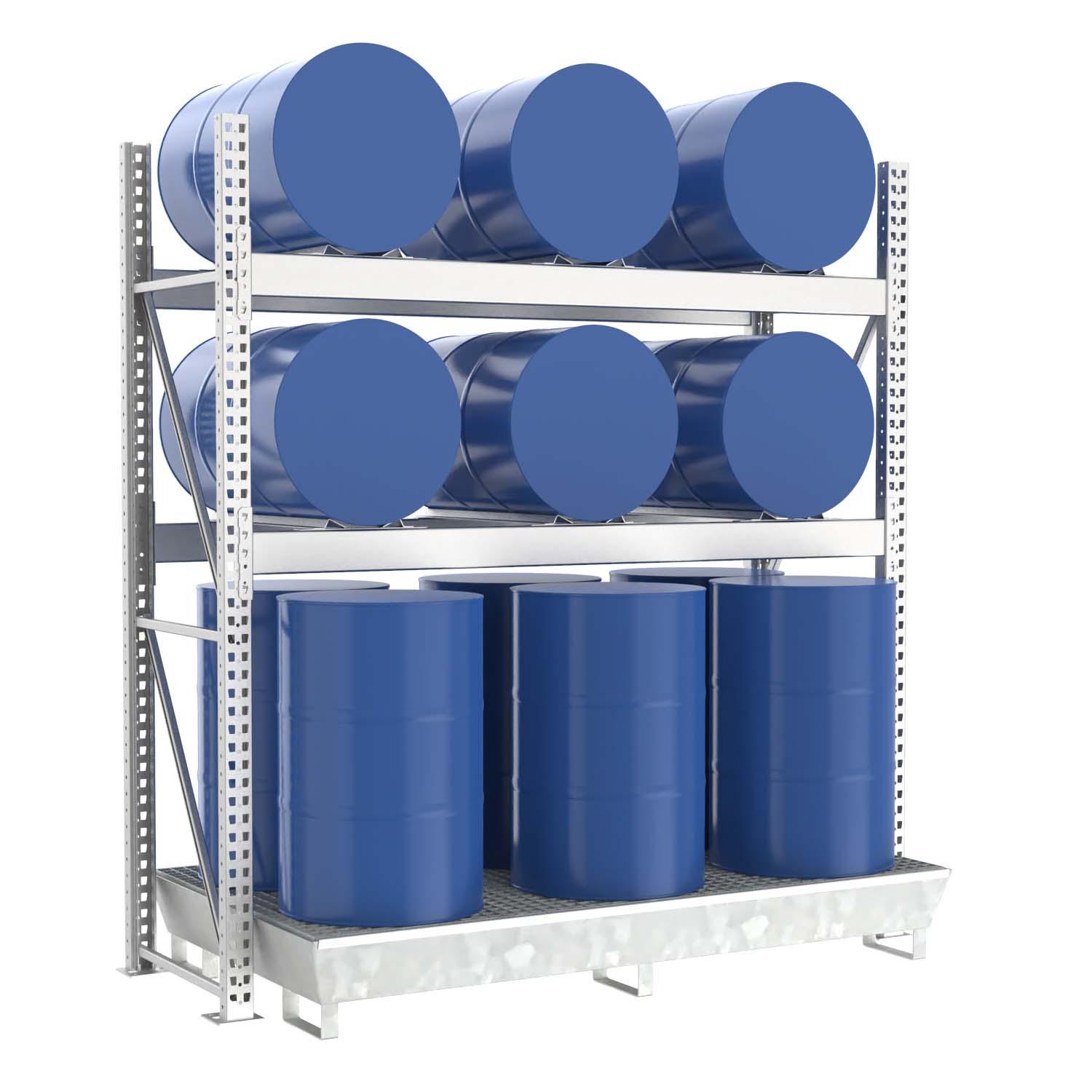 Fassregal mit Stahlauffangwanne, Grundeinheit, 3 Ebenen, 6 x 200 l liegend / 6 x 200 l stehend