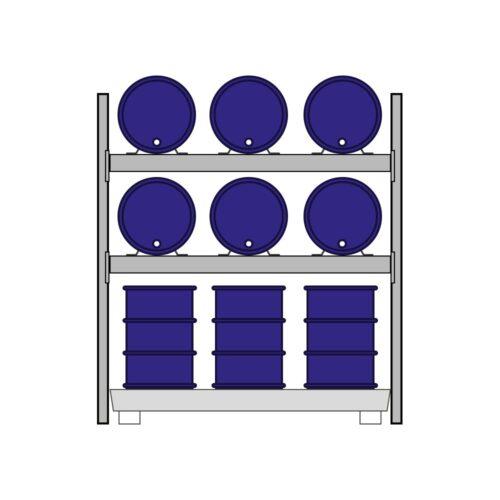 Fassregal mit Stahlauffangwanne, Grundeinheit, 3 Ebenen, 6 x 200 l liegend / 6 x 200 l stehend