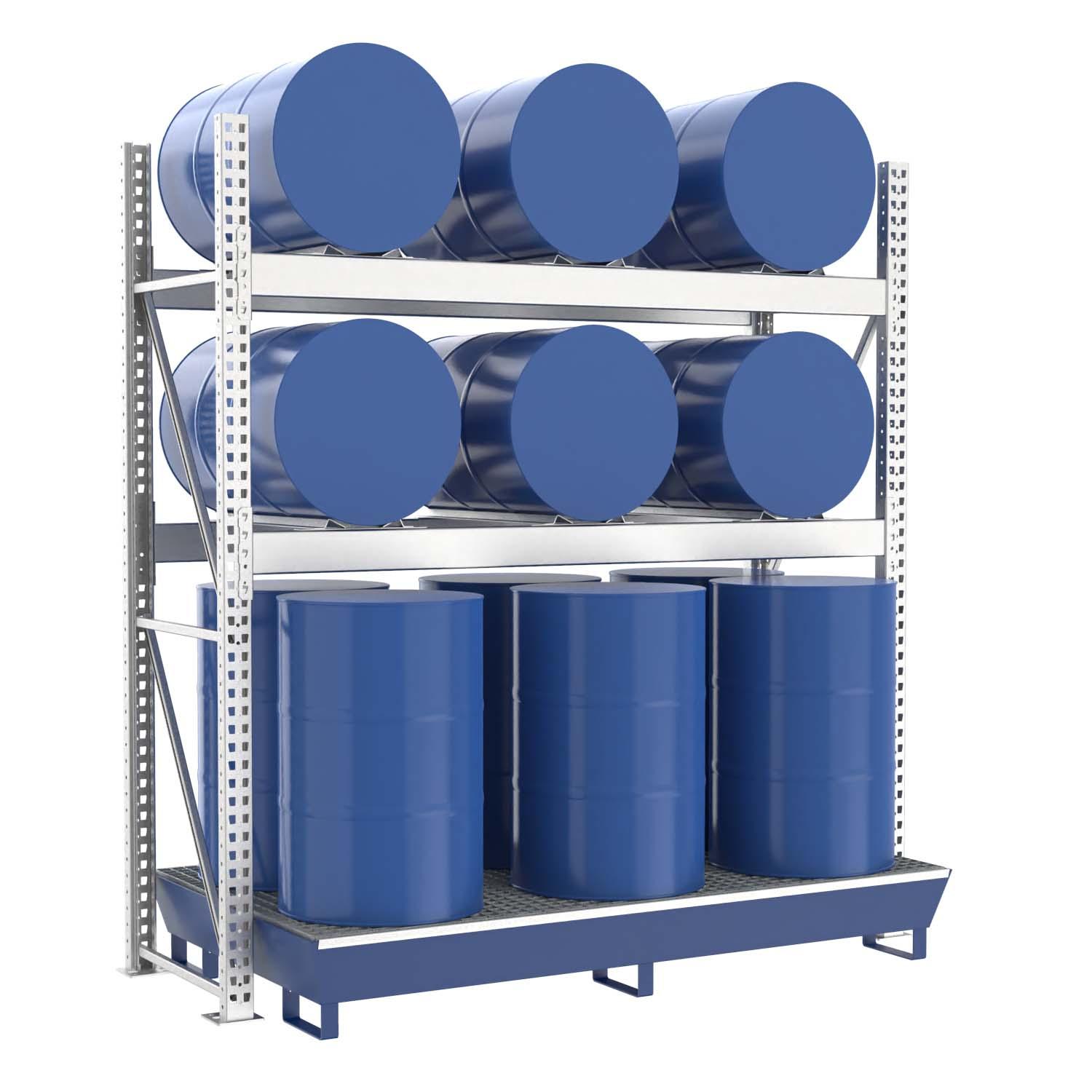 Fassregal mit lackierter Stahlauffangwanne, Grundeinheit, 3 Ebenen, 6 x 200 l liegend / 6 x 200 l stehend