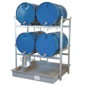 Fassregal mit Stahlauffangwanne, Grundeinheit, 2 Ebenen, 4 x 200 l liegend Fassregale Produktbild Stapelregal mit Auffangwanne aus GFK für 4 x 200 l Fässer