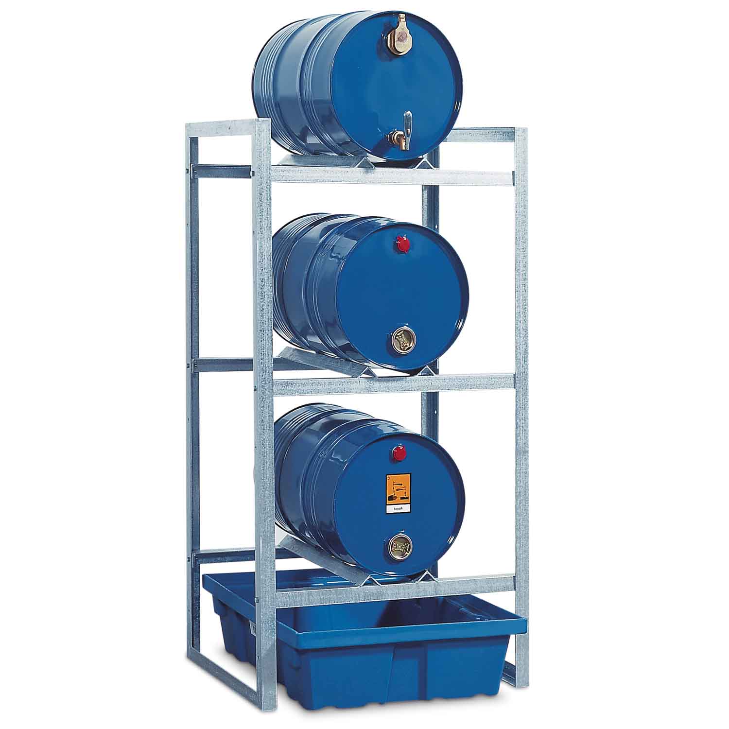 Fassregal mit Auffangwanne aus PE für 3 x 60 l Fässer, 750 x 800 x 1570 mm
