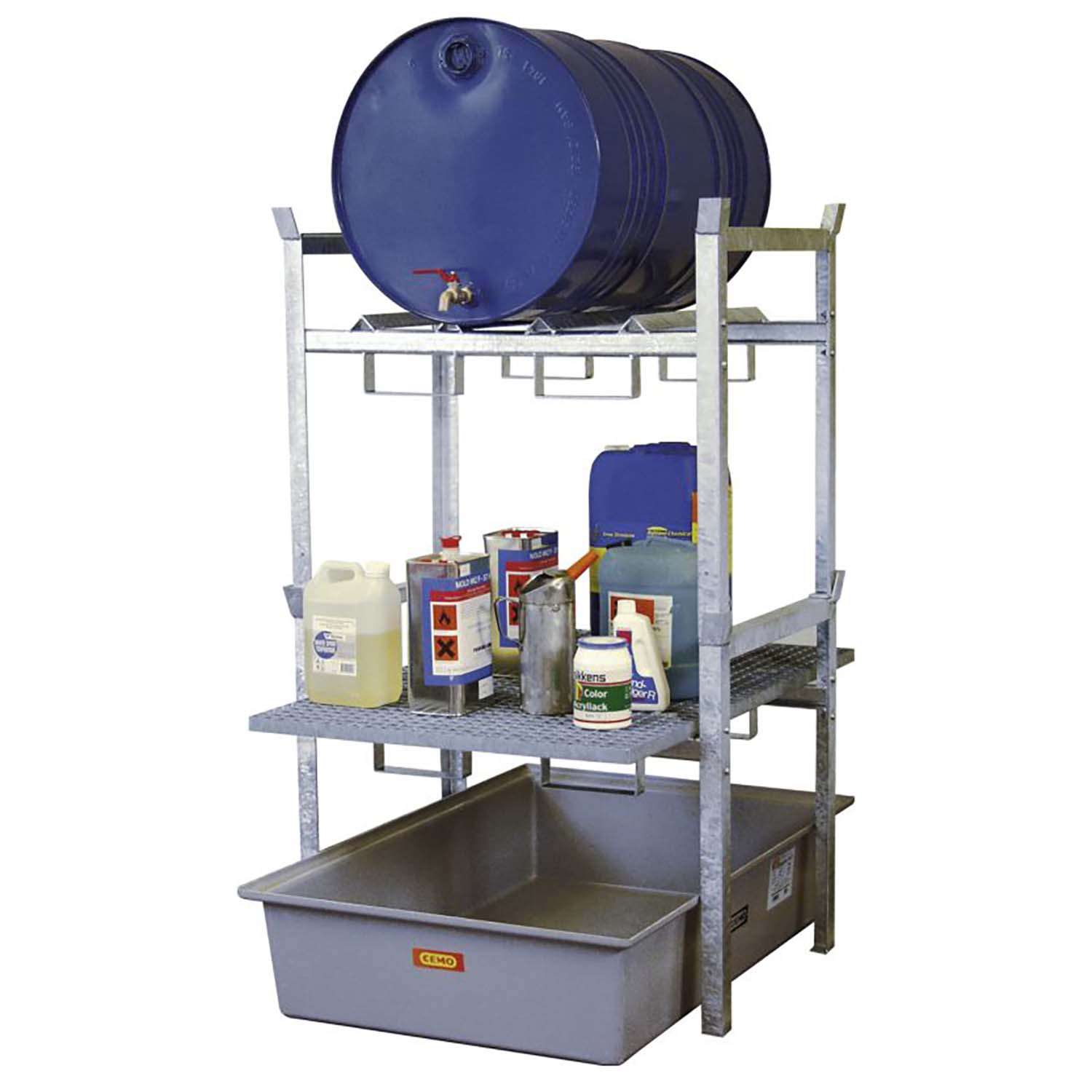 Stapelregal mit Auffangwanne aus GFK für 2 x 60 l Fässer oder 1 x 200 l Fass und Kleingebinde