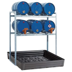 Fassregal mit Auffangwanne aus PE für 6 x 60 l Fässer, 1340 x 820 x 1570
