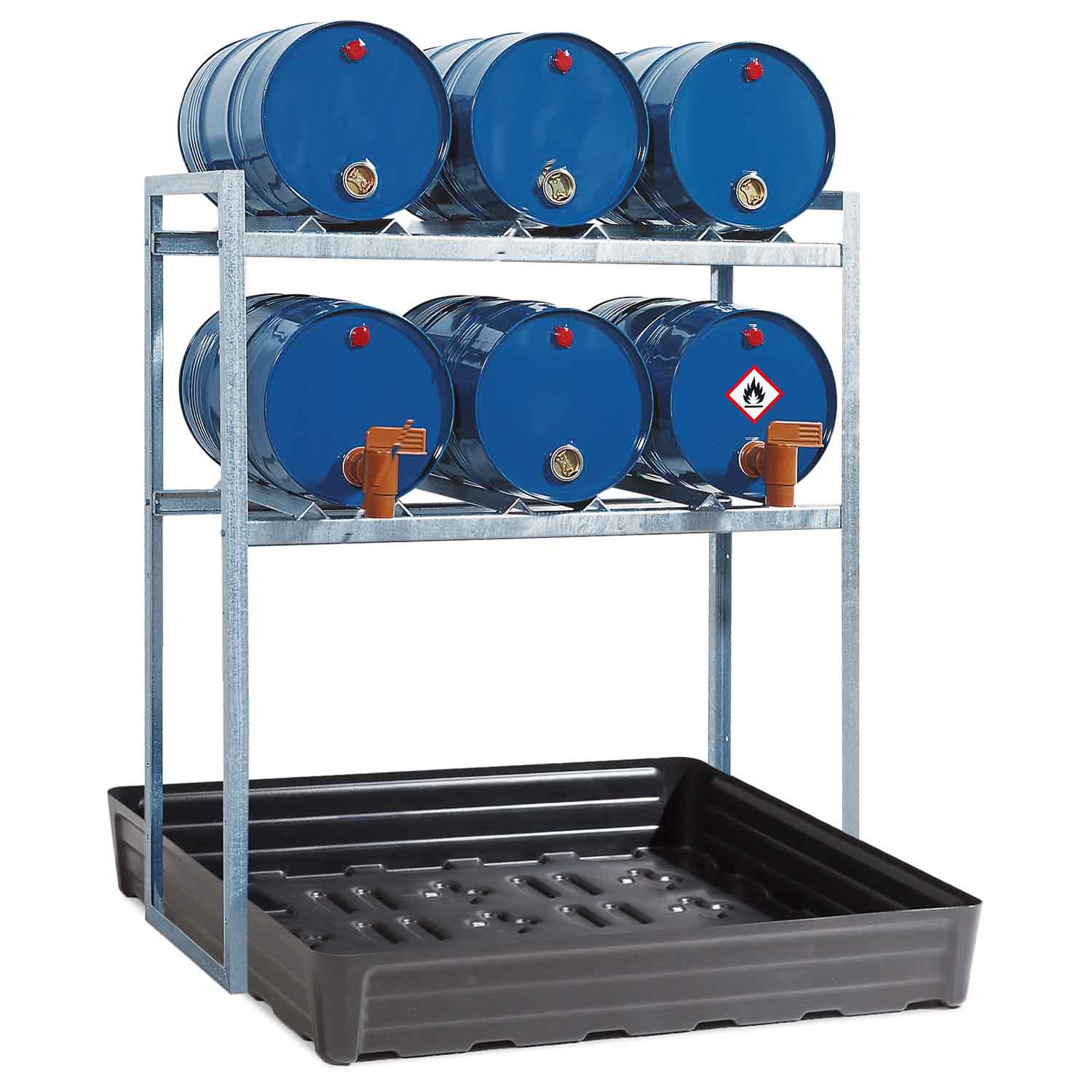 Fassregal mit Auffangwanne aus PE für 6 x 60 l Fässer, 1340 x 820 x 1570 mm