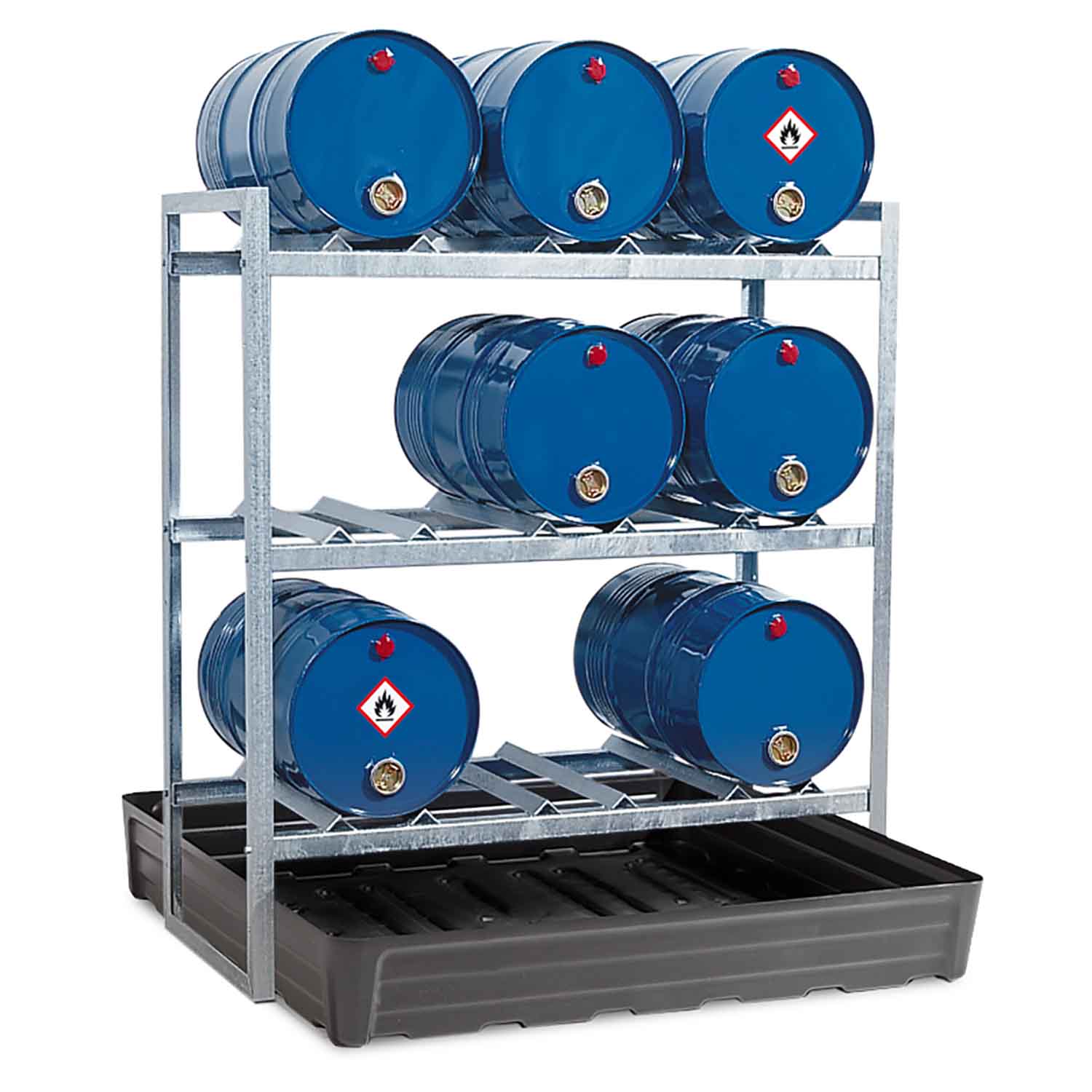 Fassregal mit Auffangwanne aus PE für 9 x 60 l Fässer, 1340 x 820 x 1570 mm
