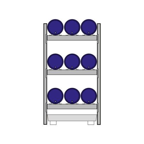 Fassregal mit Stahlauffangwanne, Grundeinheit, 3 Ebenen, 9 x 60 l liegend