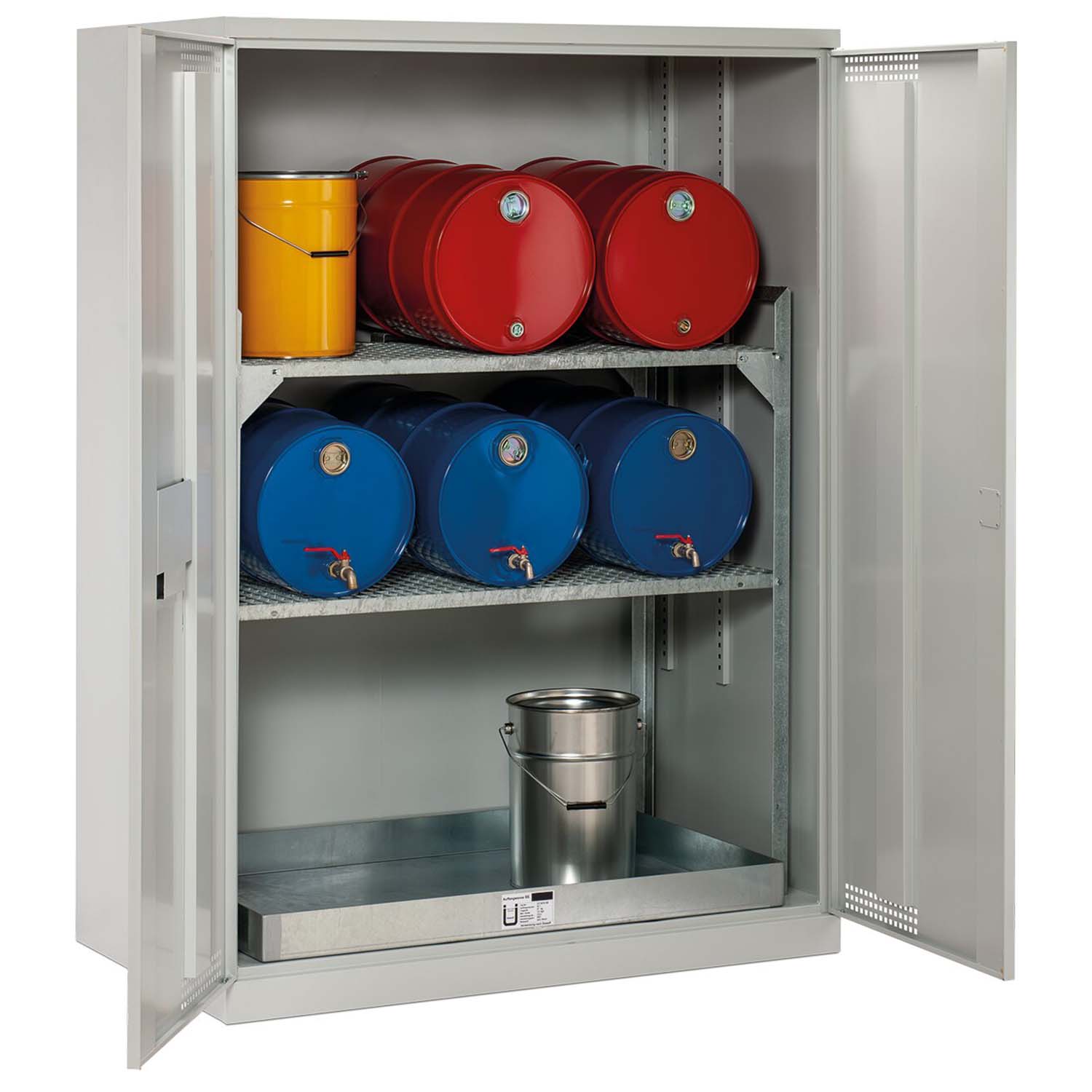 Fassschrank aus Stahl mit Auffangwanne 65 l mit Fassregal, 1400 x 840 x 1950 mm