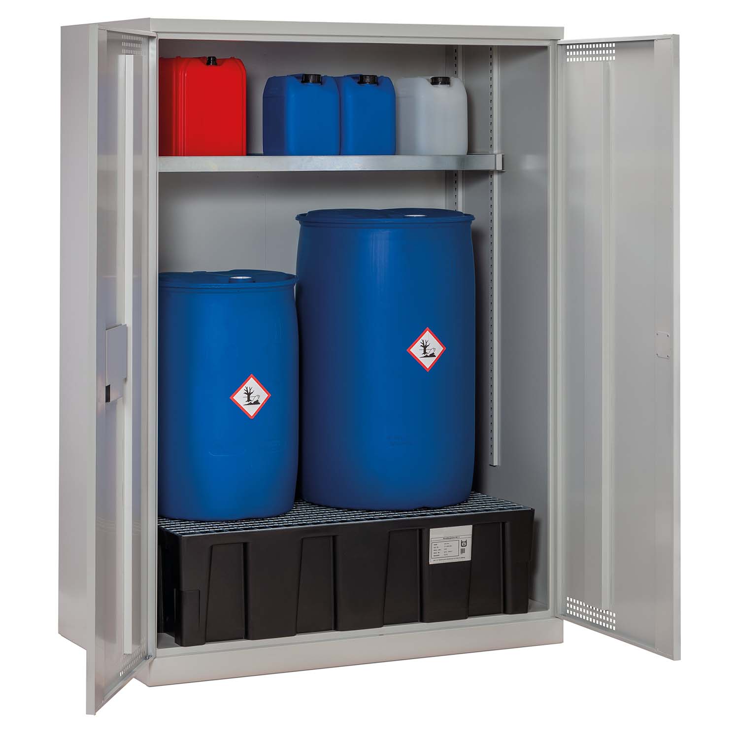 Fassschrank aus Stahl mit Auffangwanne aus PE 250 l mit Stahl-Gitterrost und kleiner Stahlwanne 30 l, 1400 x 840 x 1950 mm