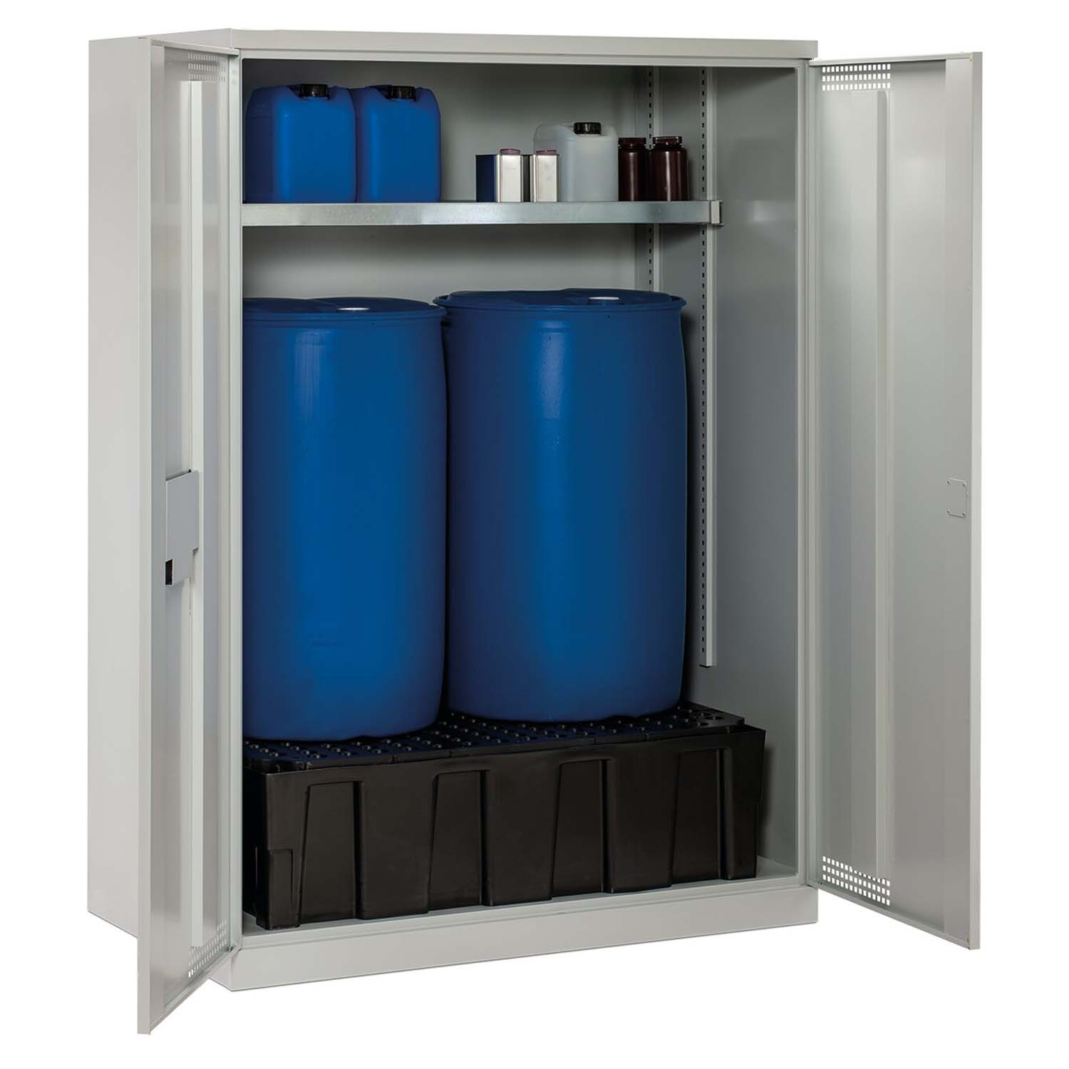 Fassschrank aus Stahl mit Auffangwanne aus PE 210 l mit PE-Gitterrost und kleiner Stahlwanne 30 l, 1400 x 840 x 1950 mm