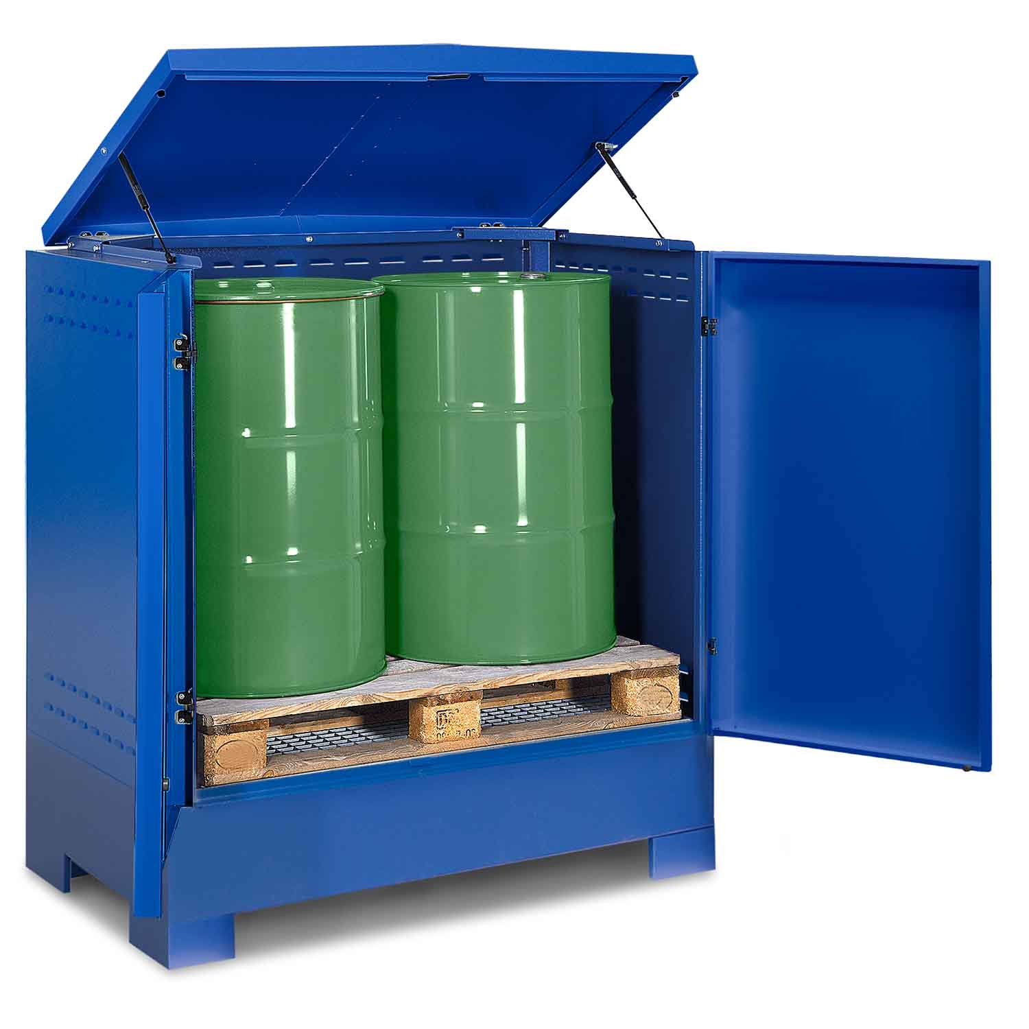 Gefahrstoffdepot aus Stahl für 2 x 200 l Fässer, Auffangvolumen 220 l