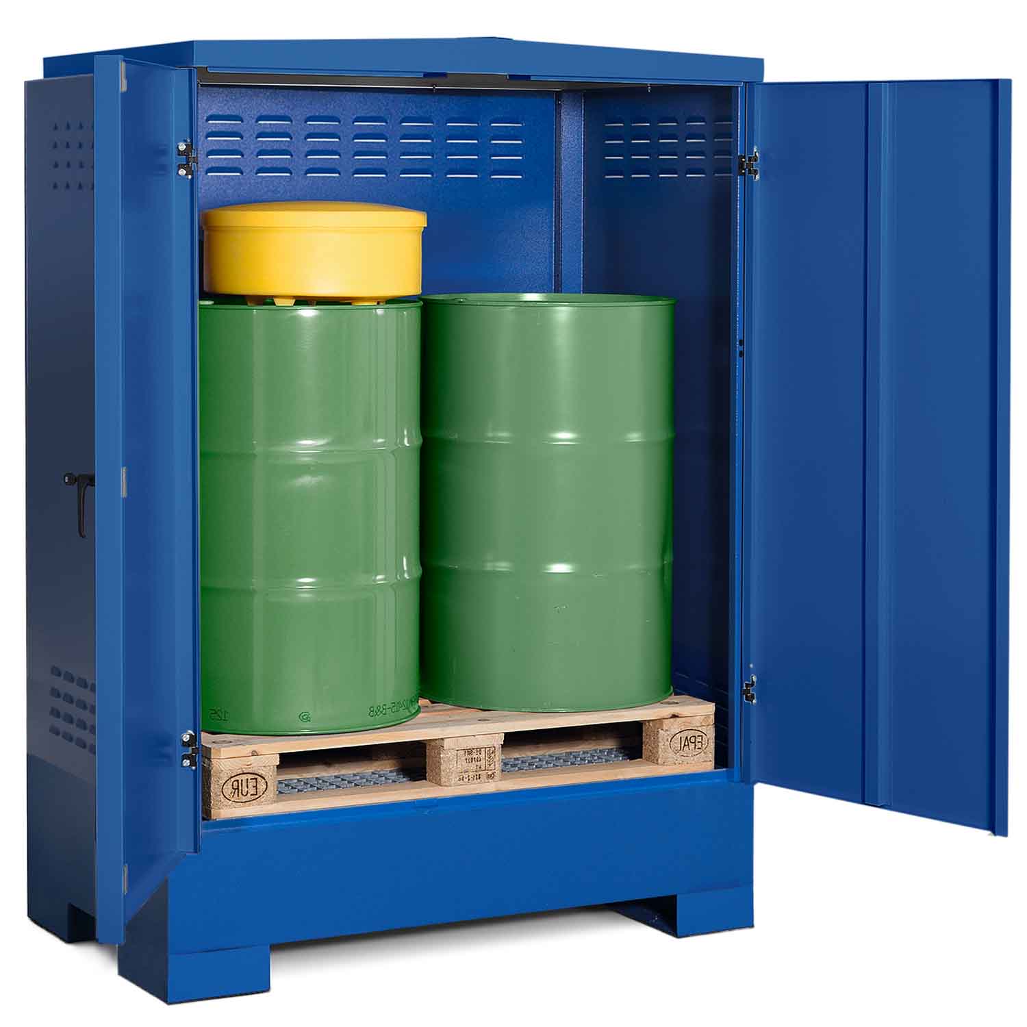Gefahrstoffdepot aus Stahl für 2 x 200 l Fässer, Auffangvolumen 220 l