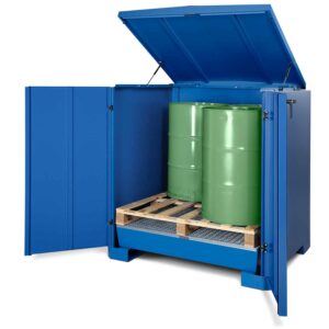Gefahrstoffdepot aus Stahl für 4 x 200 l Fässer, Auffangvolumen 220 l Gefahrstoffdepot aus Stahl für 4 x 200 l Fässer, Auffangvolumen 220 l