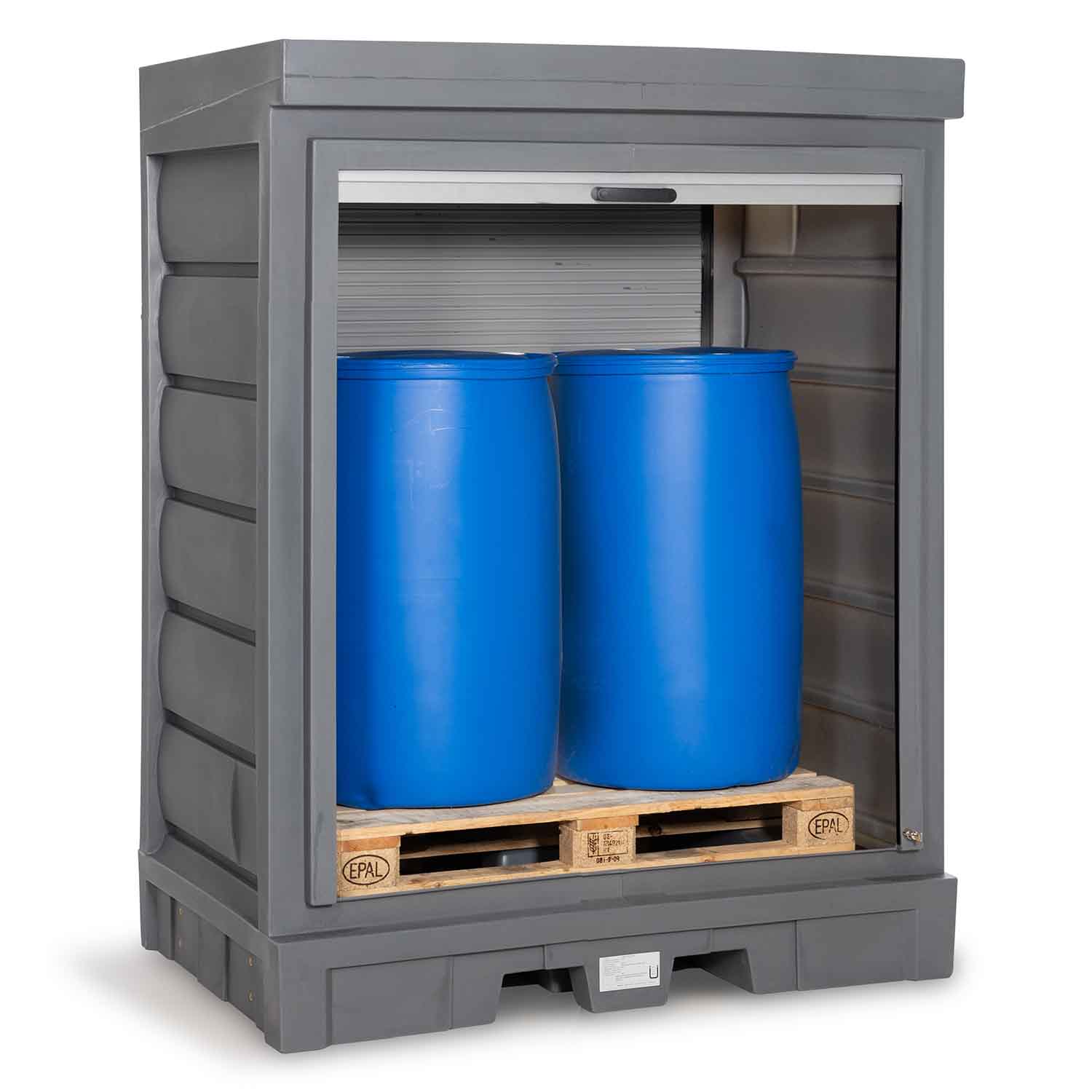 Gefahrstoffdepot aus Polyethylen (PE), für 2 x 200 l Fässer, Auffangvolumen 245 l, Rolladen