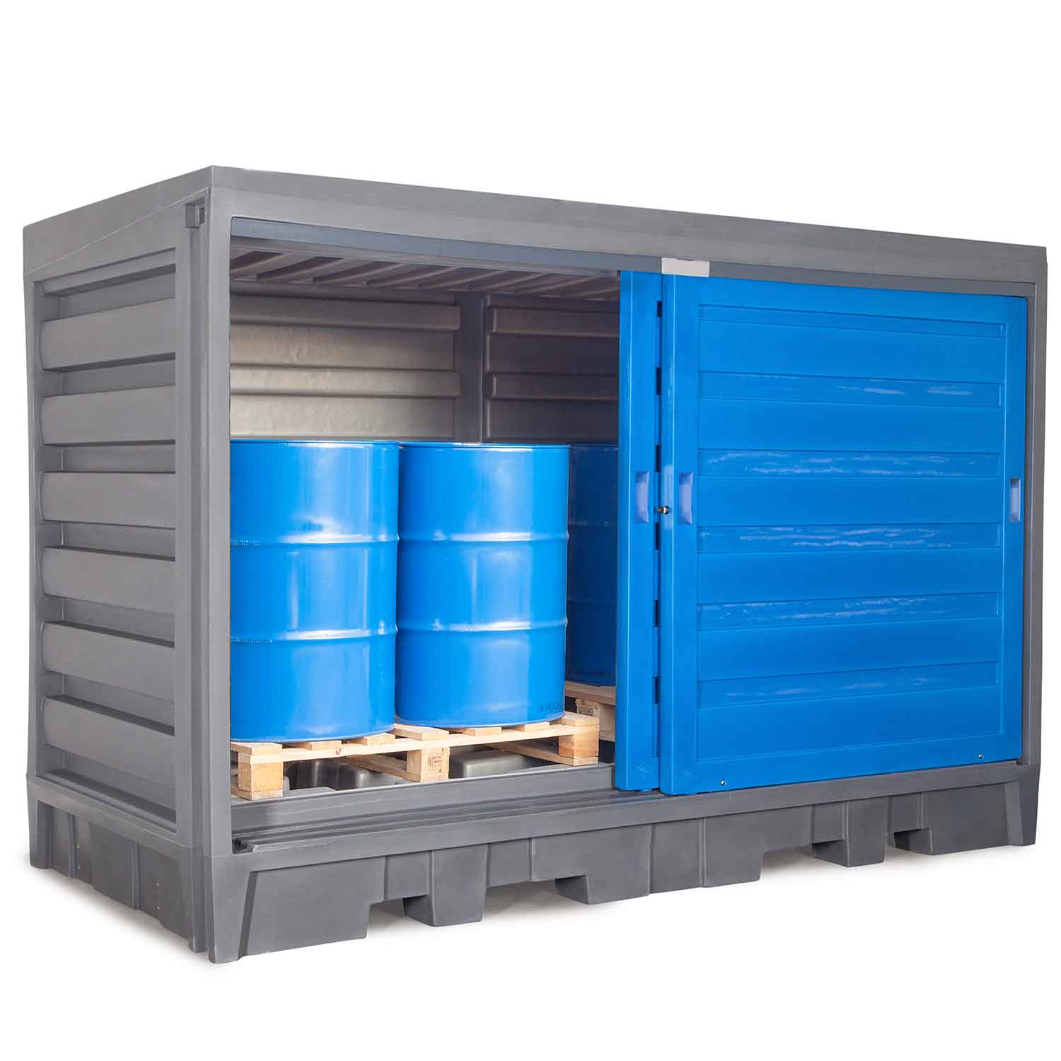 Gefahrstoffdepot aus Polyethylen (PE), für 8 x 200 l Fässer oder 2 IBC, Auffangvolumen 1000 l