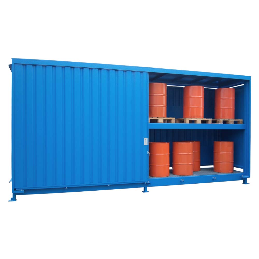 Gefahrstoff-Regalcontainer zur stehenden Fasslagerung im Freien, für 40 x 200 l Fässer, 6180x1530x3080mm