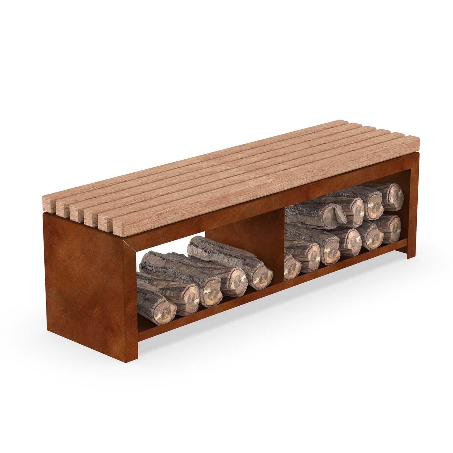 Sitzbank FlameShelter, Gestell aus Cortenstahl, Sitzfläche aus Holz, mit versetzter Holzablage