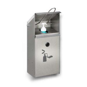 F90 Sicherheitsschrank mit Vertikalauszug, 2 Lagerzonen mit Wannenböden und Bodenwannen, Tür-Schließ-Automatik, 819x860x1966mm, mit Edelstahl-Tür F90 Hochschränke mit Vertikalauszug Produktbild Handdesinfektionsmittelspender aus Edelstahl, hygienisch, für 500/1000 ml Euroflaschen