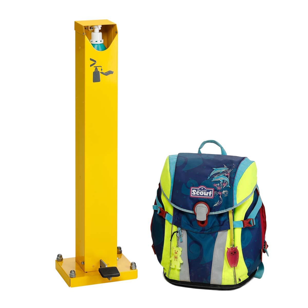 Handdesinfektionsmittelspender aus Stahl für 500 ml Euroflaschen, geringe Höhe, mit Pedal