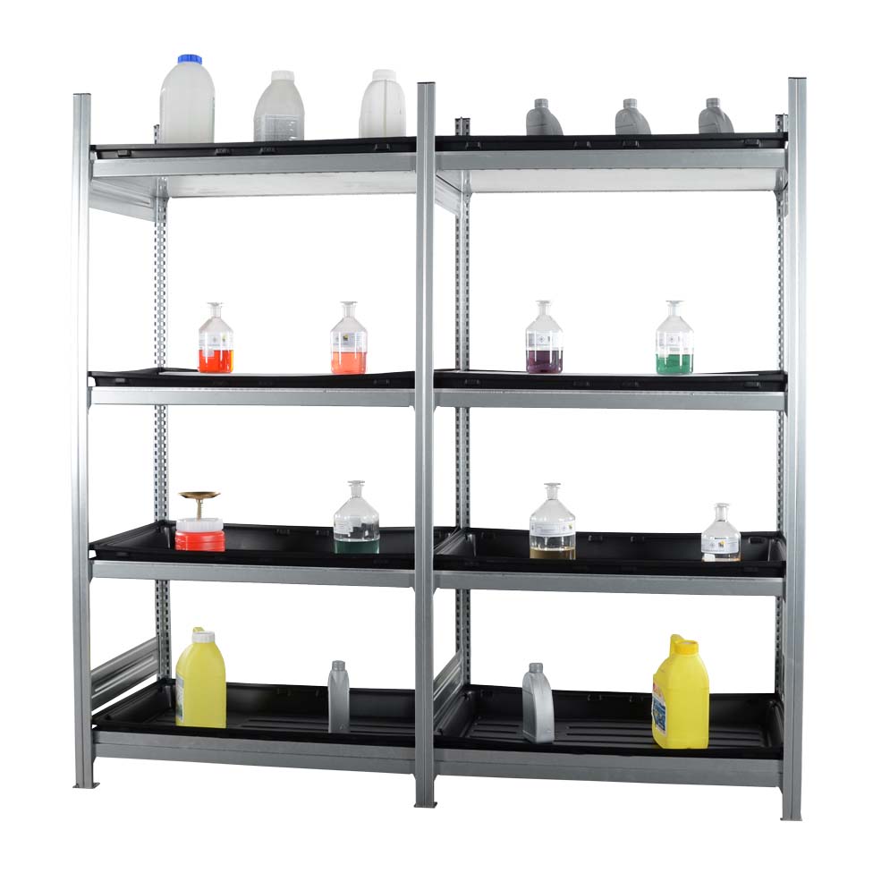 Kleingebinderegal, Grundeinheit und Anbaueinheit mit 4 Regalwannen aus Polyethylen (PE), Feldweite 1000 mm