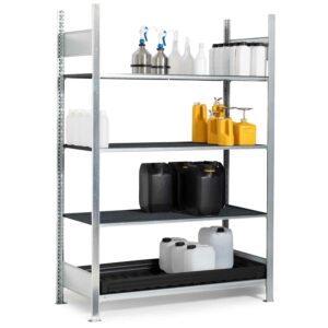 Kleingebinderegal, Grund- und Anbaueinheit, 2 x 4 Gitterrostebenen, Auffangwanne aus Stahl, verzinkt, 202 l Kleingebinderegale Produktbild Kleingebinderegal, Grundeinheit mit 3 PE-Lagerebenen mit Auffangwanne aus PE