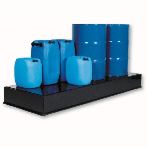 Auffangwanne aus Kunststoff (PE-HD), lang, mit Stellebene, Auffangvolumen 225 l, für 4 x 200 l Fässer