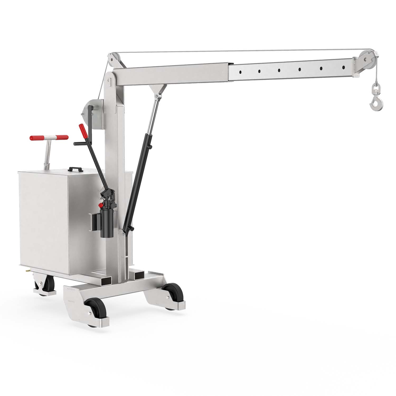 Gegengewichtskran aus Edelstahl mit Handseilwinde, Traglast 500 kg, teleskopierbarer Ausleger, elektrisch leitfähige Räder