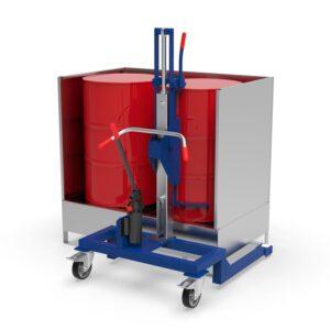 Auffangwanne aus Stahl für 2 x 200 l Fässer, mit Gitterrost, unterfahrbar, 1300x800x335mm Auffangwannen aus Stahl Produktbild Fassheber für 200 l Fass, Einfahrwerk, Hub 550 mm, Traglast 300 kg