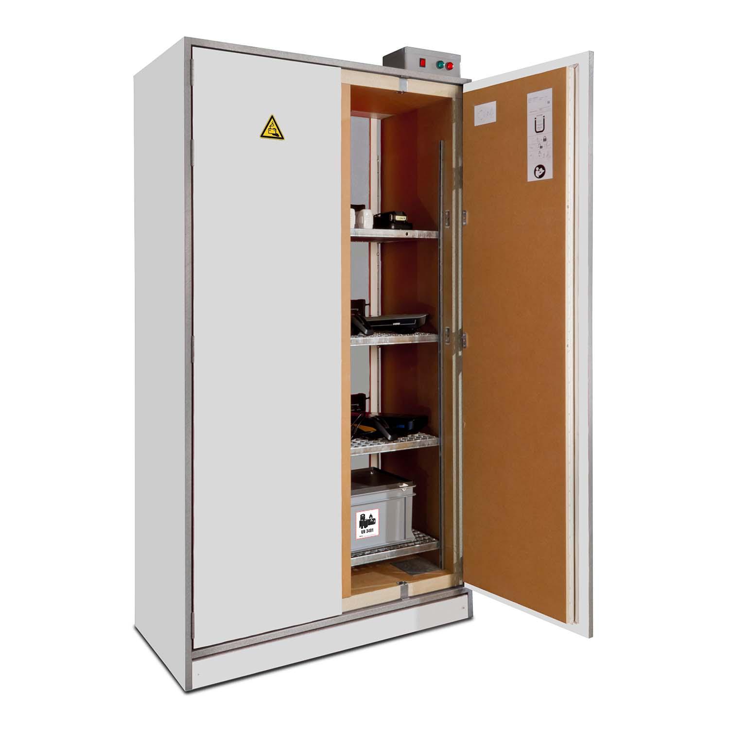 Lithium-Ionen-Sicherheitsschrank ProLION, 4 Lagerebenen, Belüftung und Rauchmelder