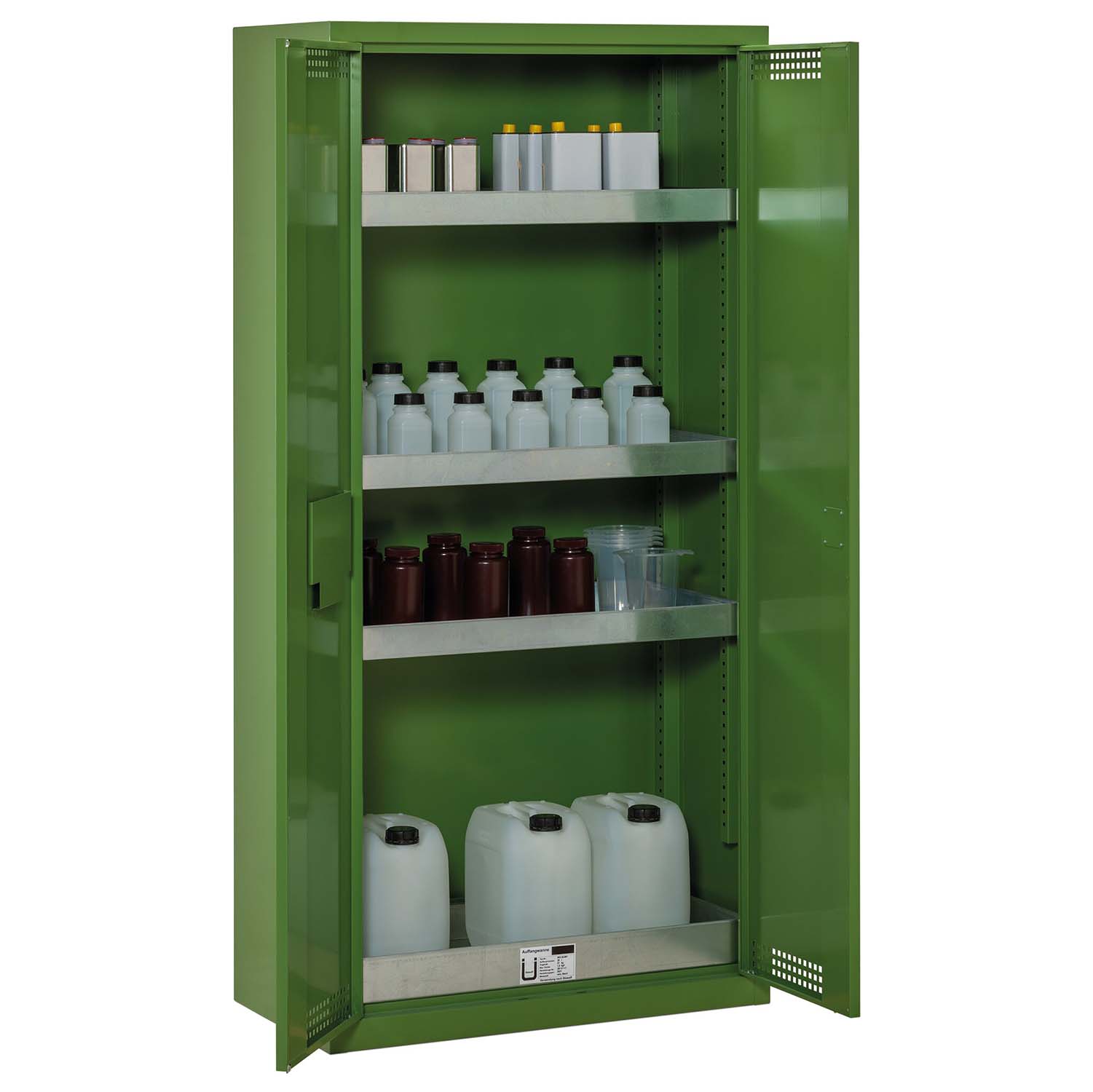 Pflanzenschutzmittel-Schrank mit Auffangwanne aus Stahl 30 l mit Lochblech, 3 x Regalwanne 20 l, 950 x 500 x 1950 mm