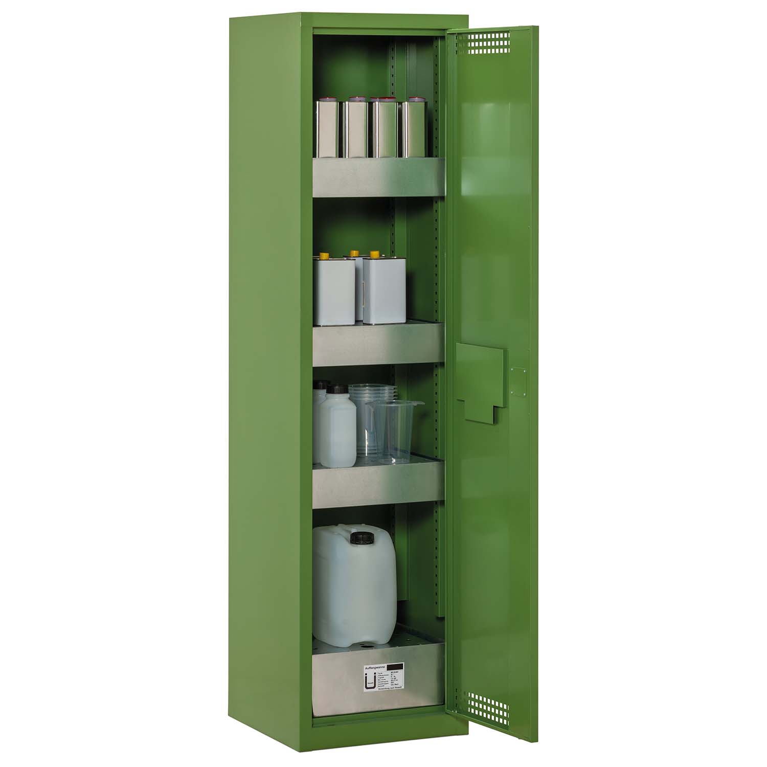 Pflanzenschutzmittel-Schrank mit Auffangwanne aus Stahl 30 l ohne Lochblech, 3 x Regalwanne 20 l, 500 x 500 x 1950 mm