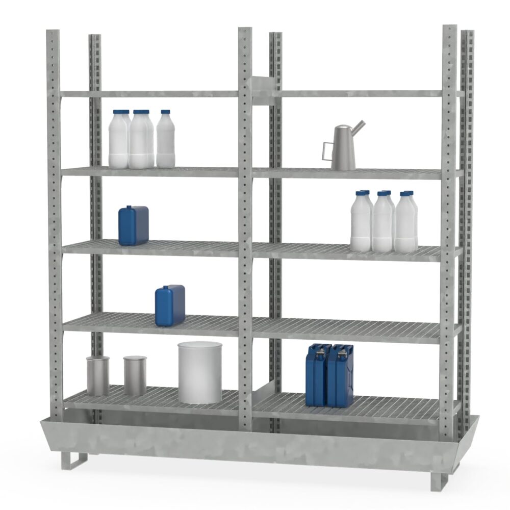 Kleingebinderegal, Grundeinheit und Anbaueinheit mit 2 x 5 Gitterrostebenen mit Auffangwanne
