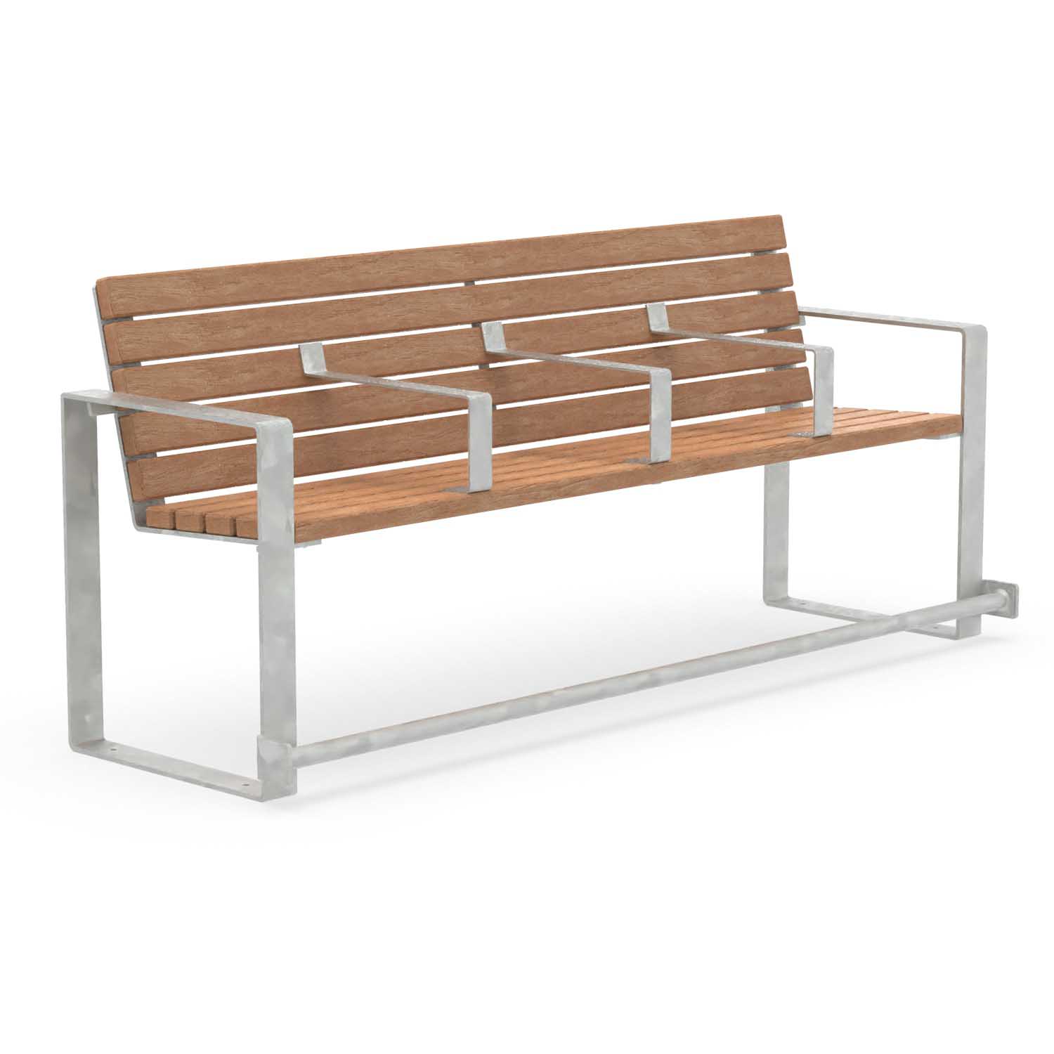 Seniorenbank CUBIC, Flachstahl, Holz, verzinkt, 4-Sitzer, mit Armlehnen für jeden Sitzplatz und Fußauflage