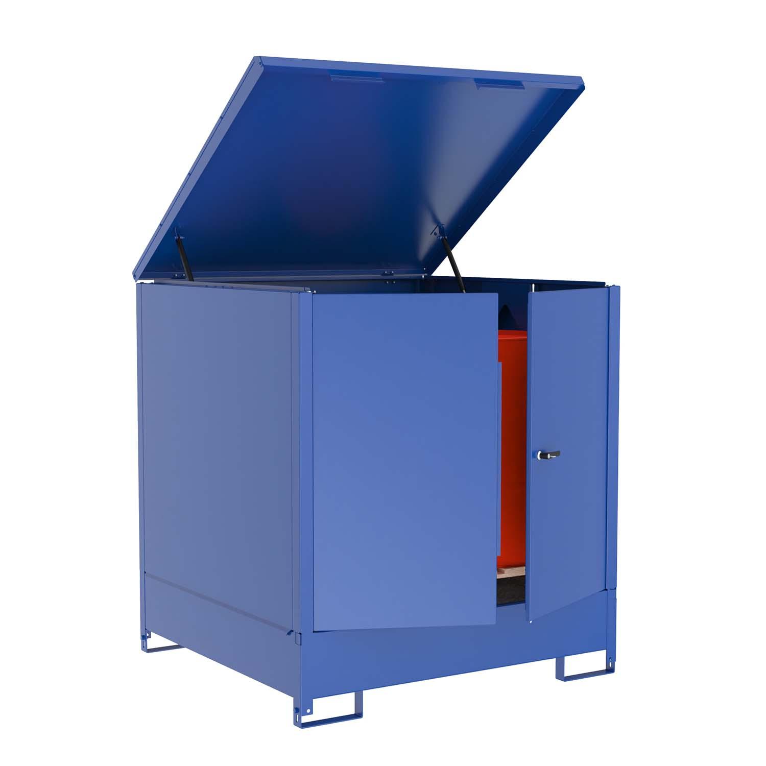 Gefahrstoffdepot Schrankcontainer SC/4 aus Stahl für 4 x 200 l Fässer, Auffangvolumen 390 l, aufklappbarer Deckel