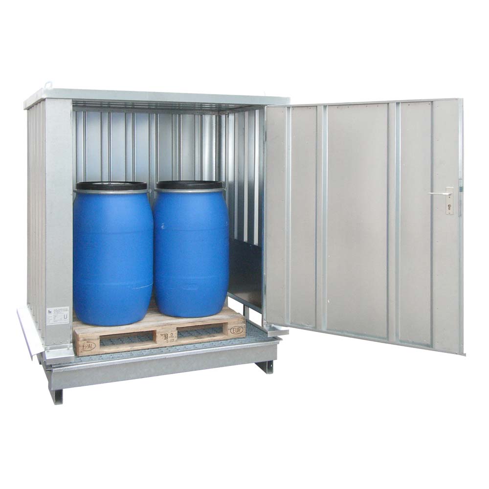 Sicherheitslagerhaus für 2 x 200 l Fässer, verzinkter Stahl, Auffangvolumen 220 l, 1700x1300x2160mm, natürlich belüftet
