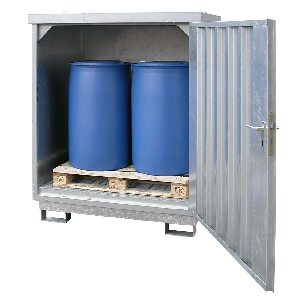 Sicherheitslagerhaus für 2 x 200 l Fässer, verzinkter Stahl, Auffangvolumen 220 l, 1700x1300x2015mm