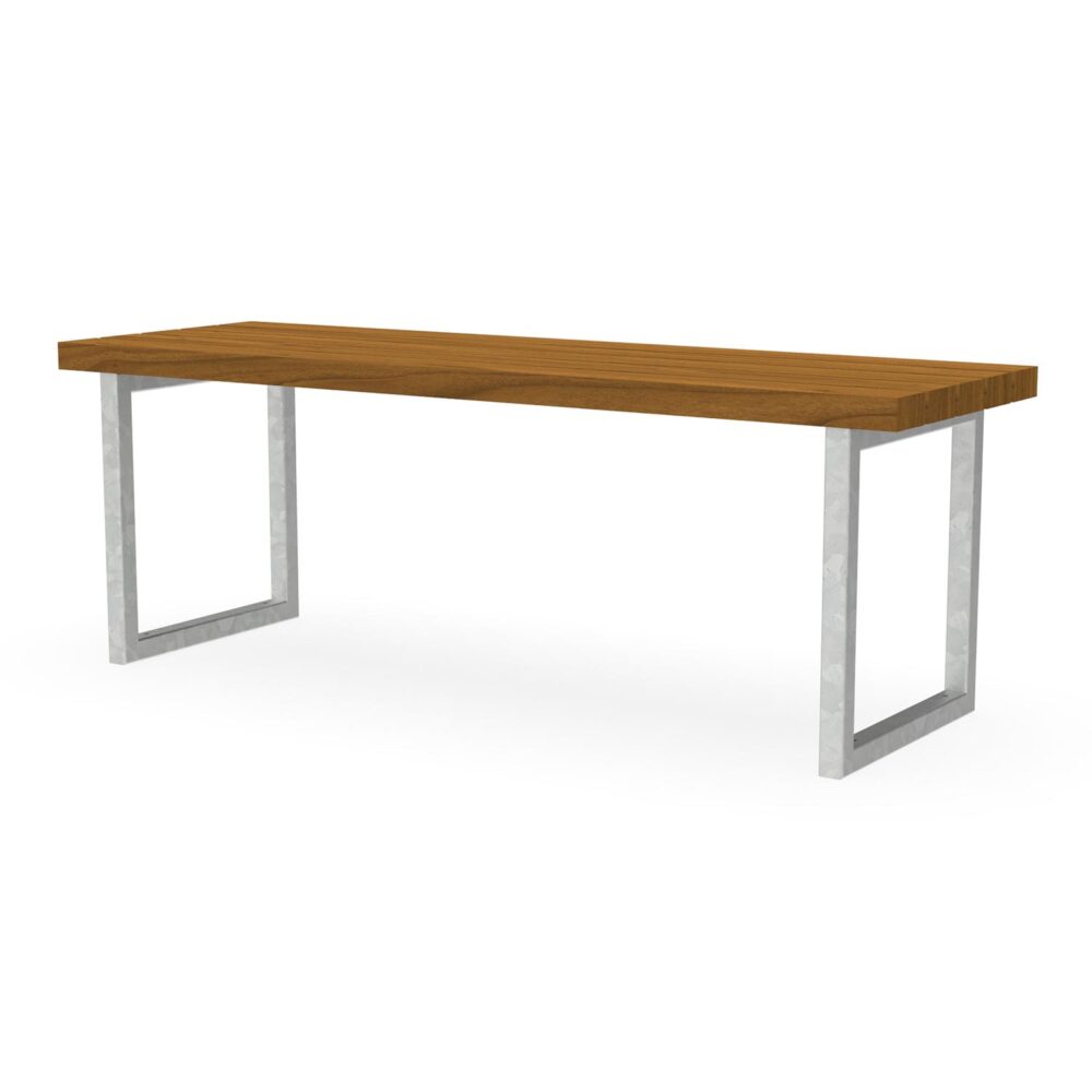 Tisch mit Gestell aus verzinktem Stahl und Tischfläche aus Holz
