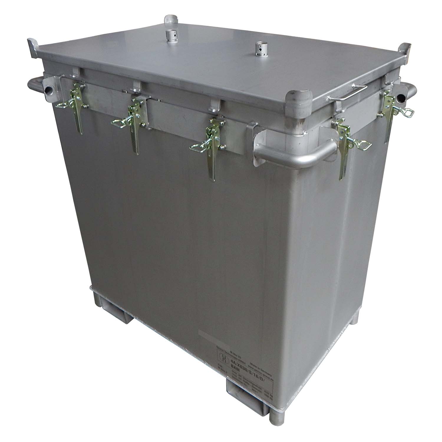 Transportbehälter M-Box X2 aus Edelstahl für Lithium-Ionen-Batterien, VG I, mit 16 x PyroBubbles®-Säcke