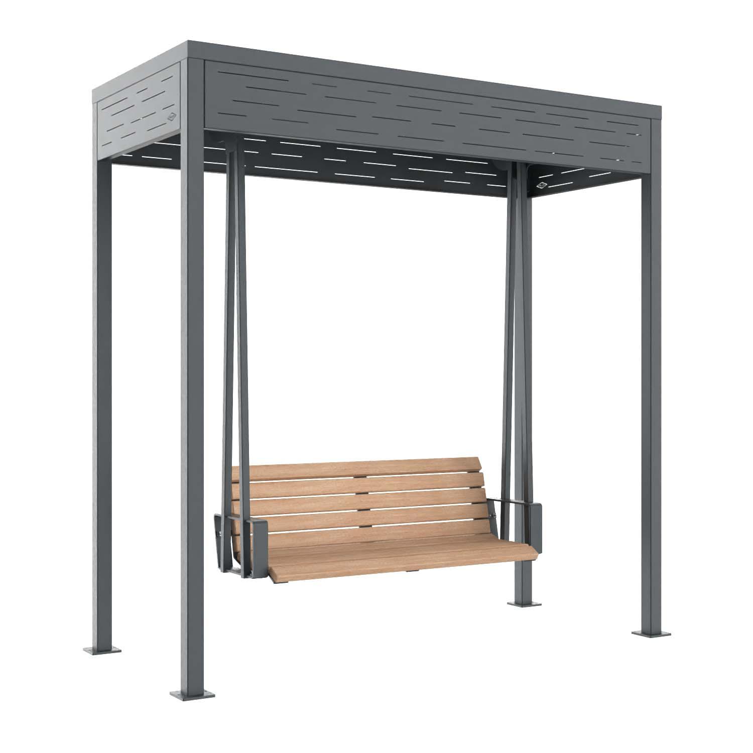 Überdachung mit Schaukel, Gestell aus Stahl, Verkleidung aus Stahlblech, Sitzfläche aus Holz