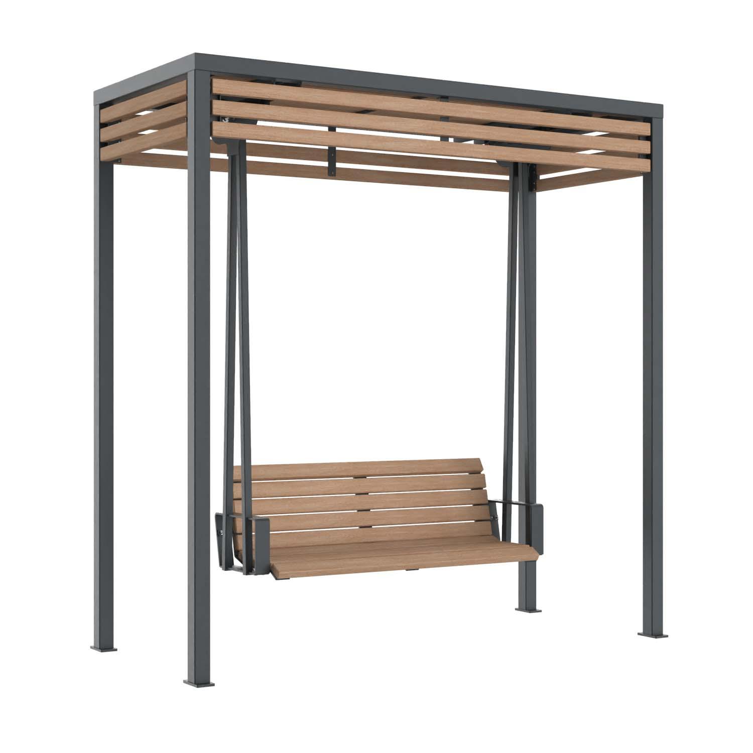 Überdachung mit Schaukel, Gestell aus Stahl, Verkleidung und Sitzfläche aus Holz